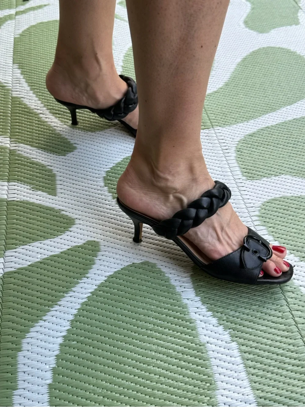 Coach Black Leather Braided Strap Heeled Sandals